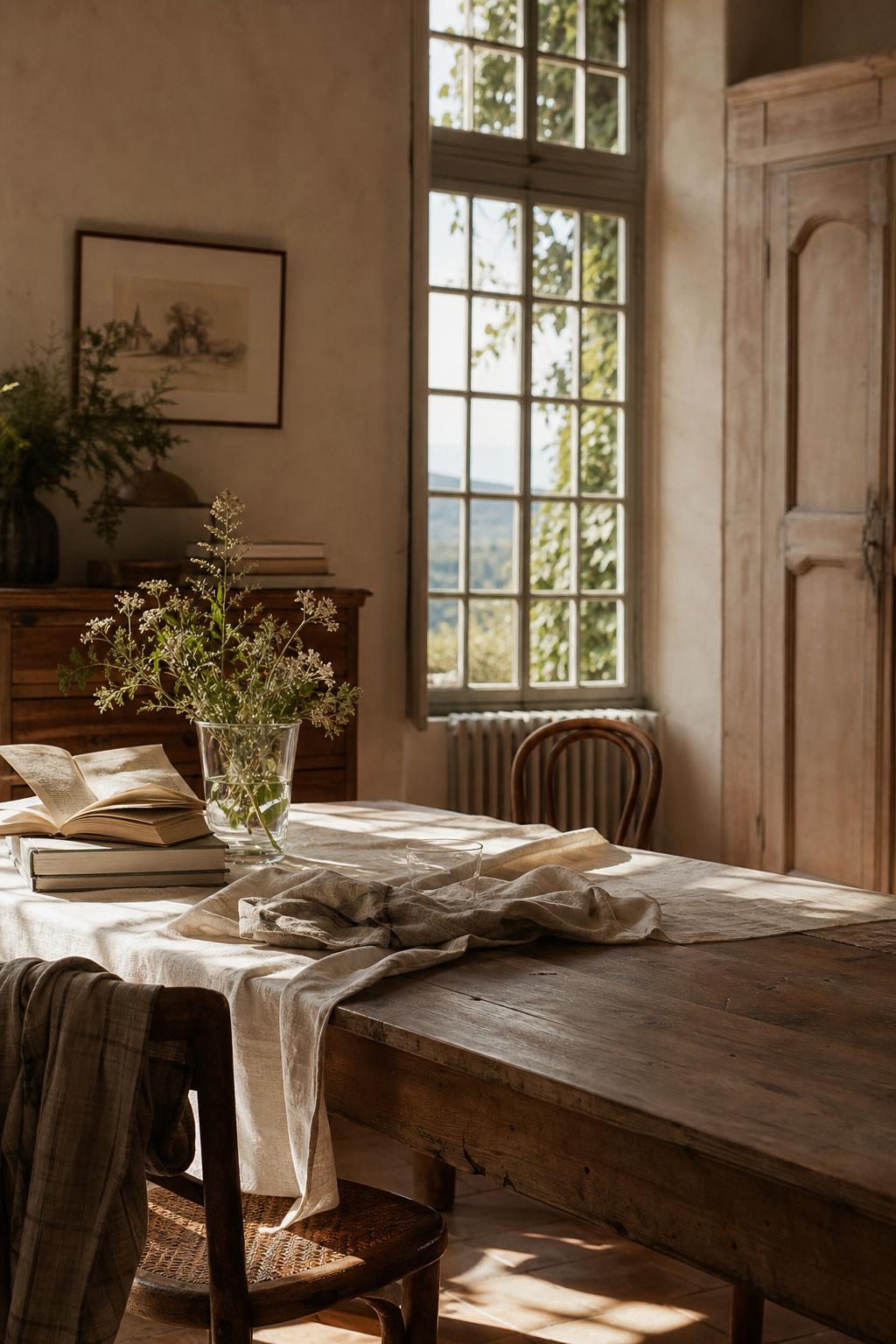 Morning light in a European country home — linen, wildflowers, books, and a beautifully set wooden table